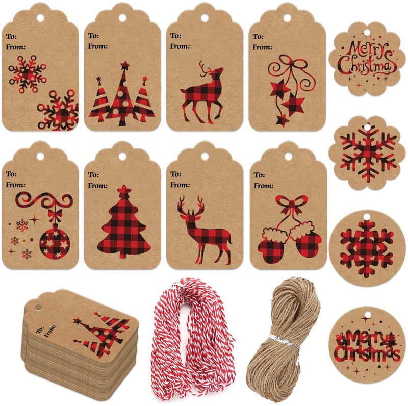LOKIPA 120 Pieces Christmas Kraft Paper Gift Tags Hang Labels with Red and Black Plaid Snowflake Christmas Tree Elk Patterns and 230 Feet Twine Rope for Christmas - Image 1